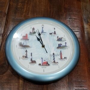 Retro Blue Wall Clock with Lighthouse Design